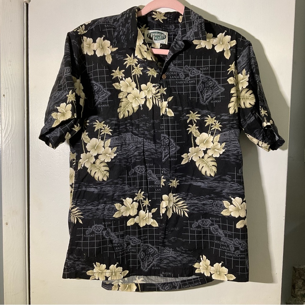Hawaiian Islands Brand Shirt Black & Gray button front SZ Med